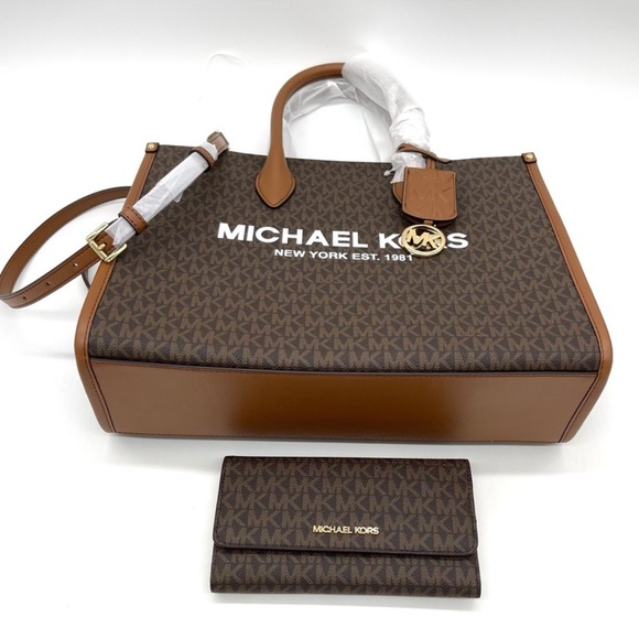 Michael Kors Mirella Medium EW Tote Bag & Trifold Wallet Brown - Picture 6 of 11